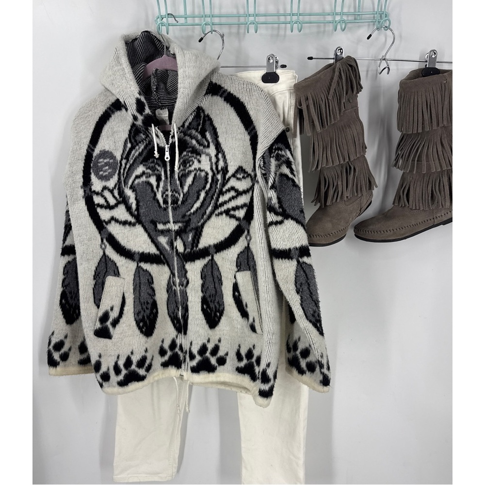 ARTESANIAS Tuntaquimba Native American Wolf print Wool Full Zip sweater jacket M